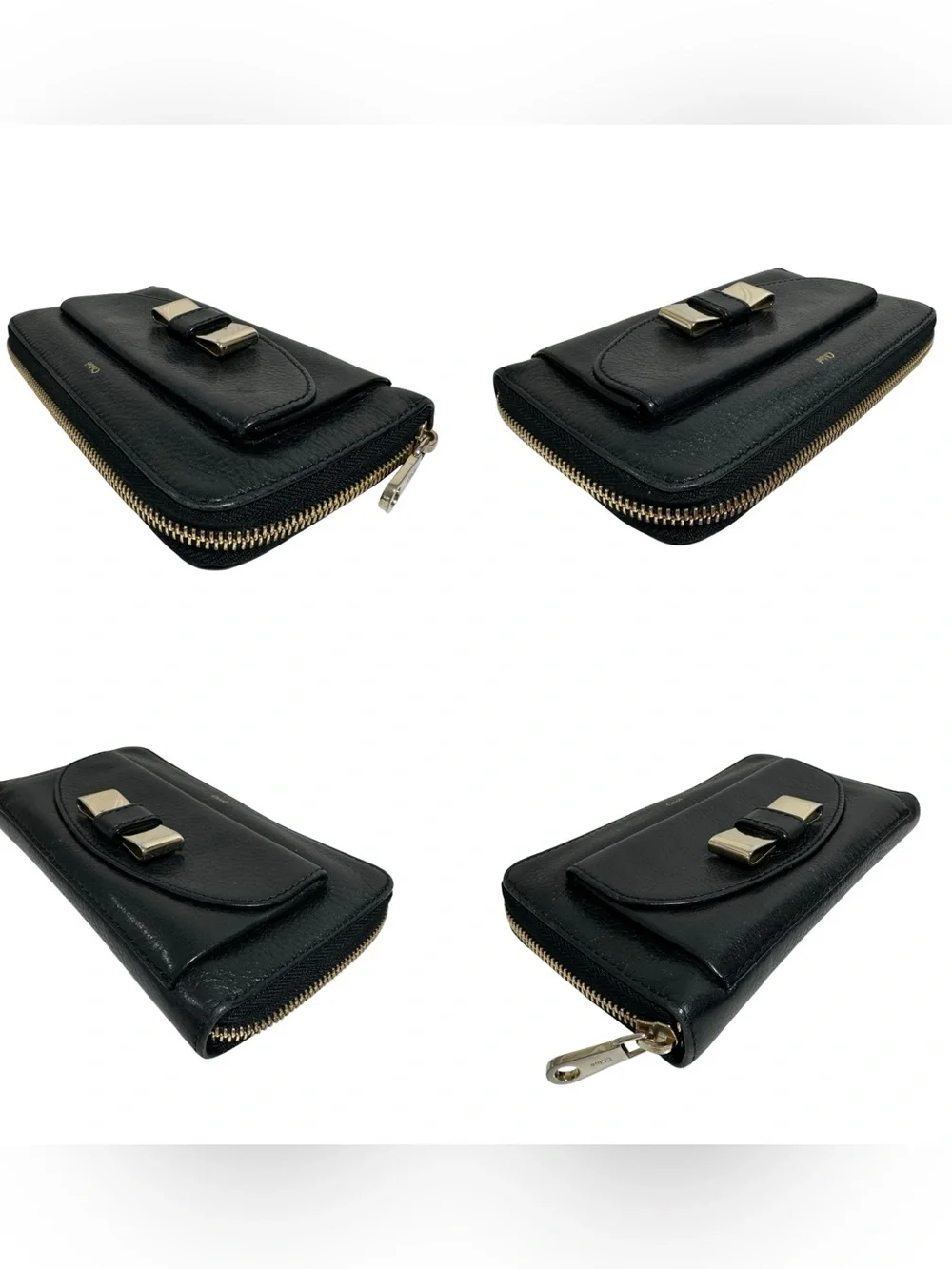 Chloe Black Pebbled Leather & Gold Bow Large Zip Around Zippy Wallet w.Dust Bag